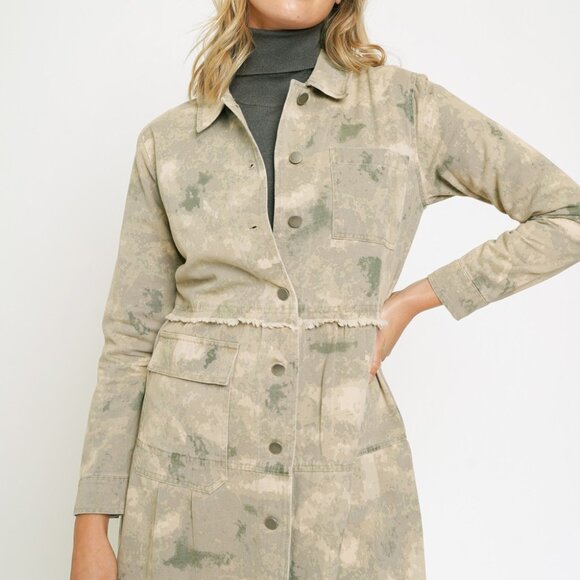 MYSTREE TIERED LONG TRUCKER JACKET Camo Utility Shacket, Beige Green Distressed - Picture 1 of 10